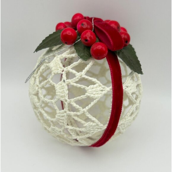 Handcrafted White Crochet Christmas Ornament Ball Starched Red Berries Ribbon - Picture 2 of 6